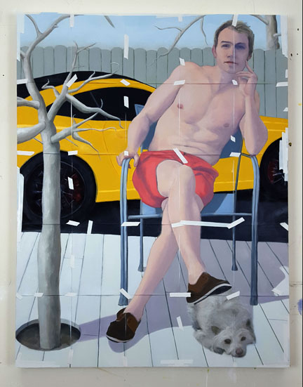 oil painting of a shirtless rich young man on his deck with a dog and a sports car in the background